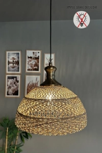 Bohem Recycle İplik Jüt El Yapımı Alaca Ekru İplik Eskitme Tokmak Başlık Tekli Avize